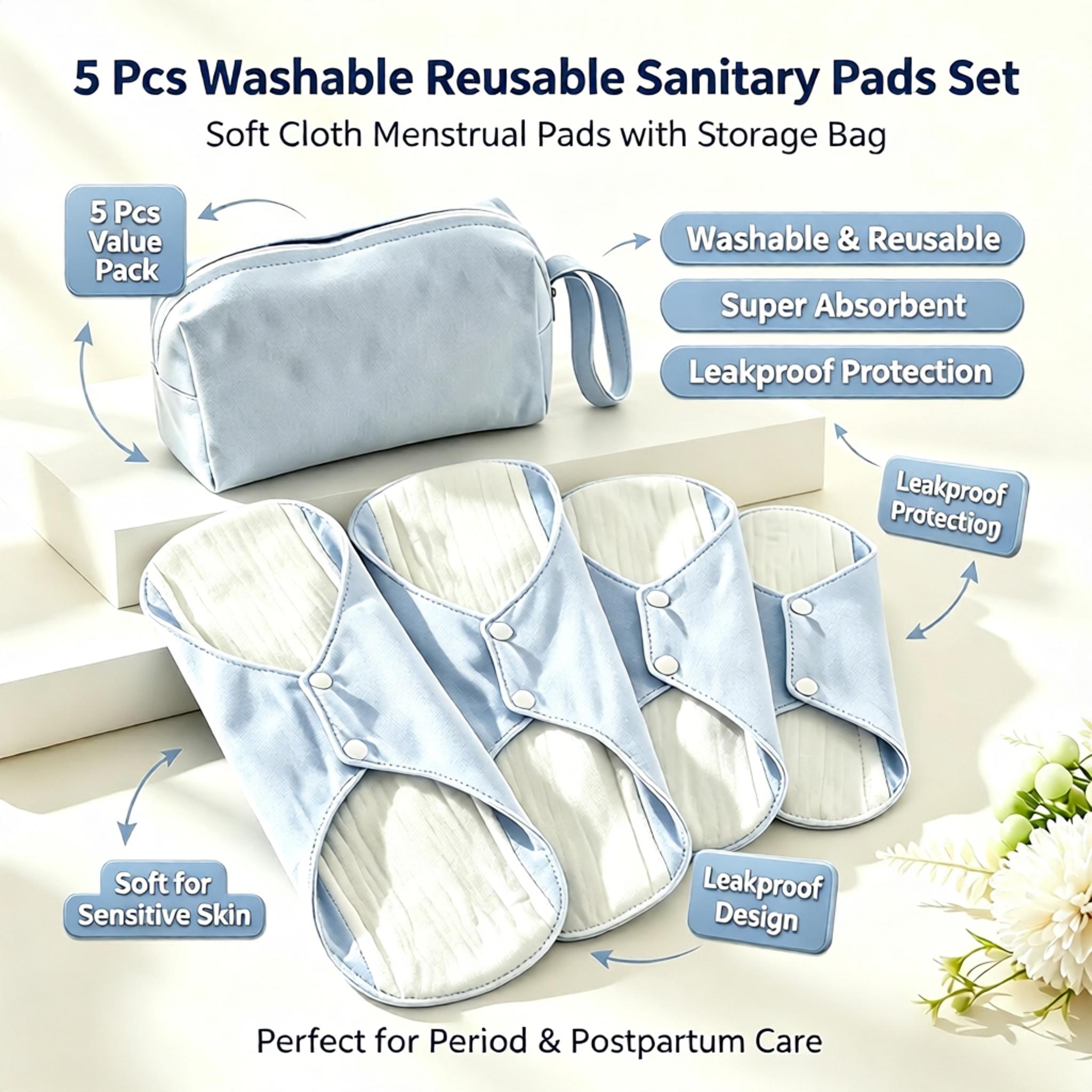 Cloth Pad Reusable - 再利用可能で洗濯可能なコットン製生理用パッド5枚セット。吸収性が高く、漏れを防ぎ、産後の失禁ケアにも適した女性用生理用品。