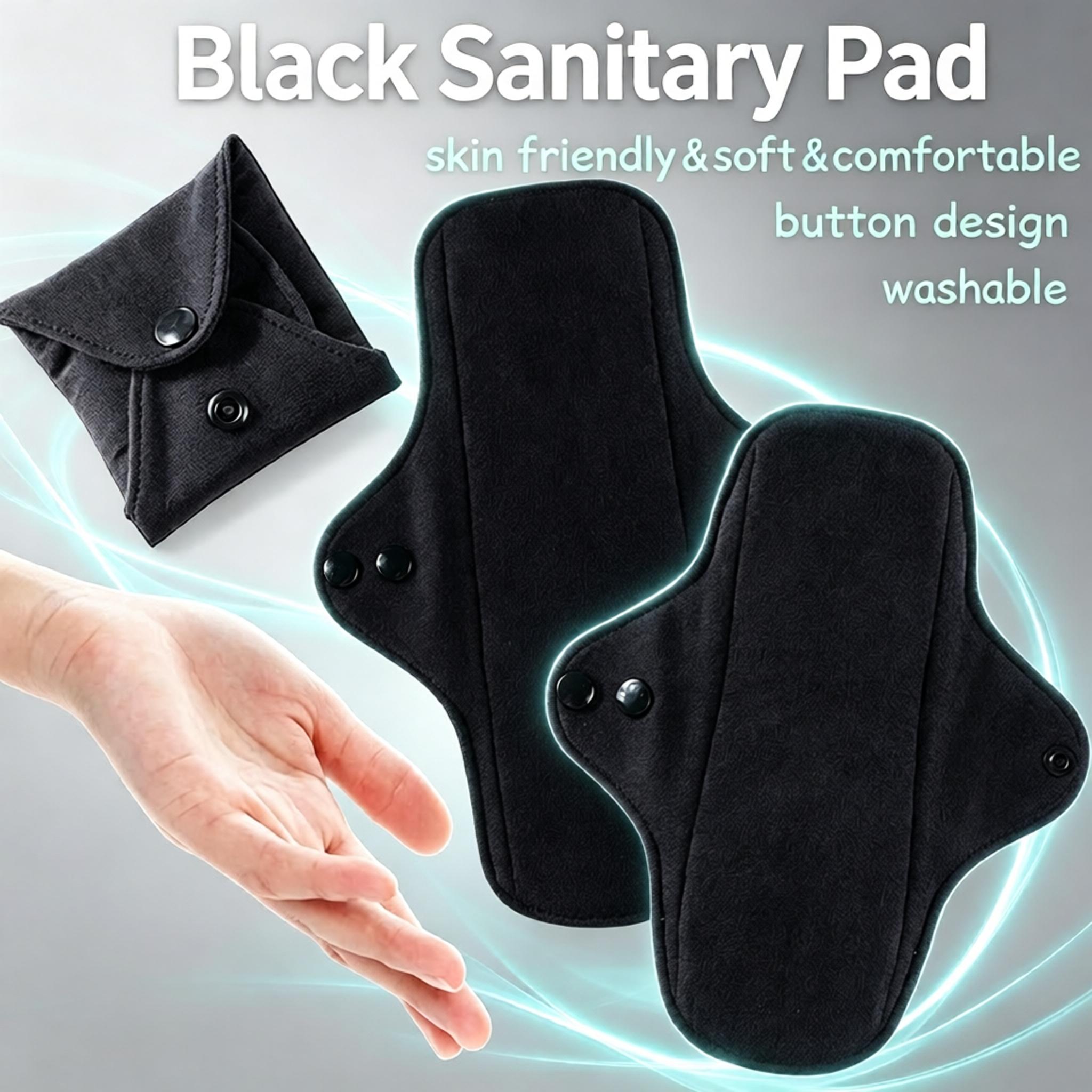 Cloth Pad Reusable - 5枚セット 洗える黒色の純綿布製 再利用可能なサニタリーパッド 4層構造 防水・漏れ防止サニタリーパッド 収納袋付き